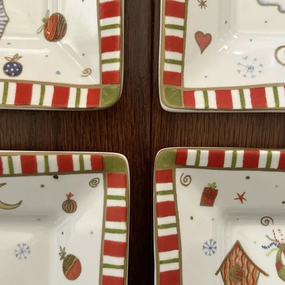 222 Fifth Christmas Plates Set of‎ 4 Square Whimsical Folk Art- Style